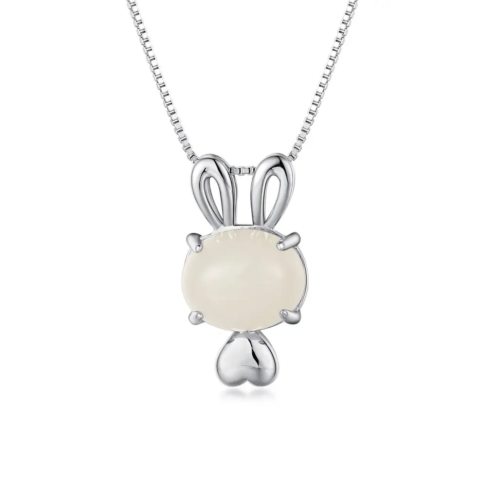 Silver Jade Cut Bunny Pendant Necklace