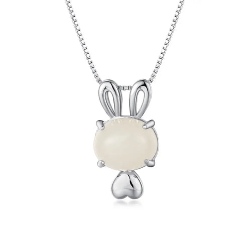 Silver Jade Bunny Pendant Necklace