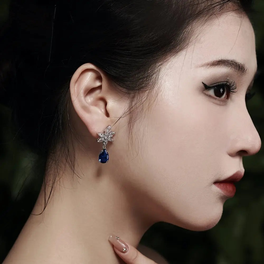 Silver Zircon Pear Cut Flower Drop Earrings