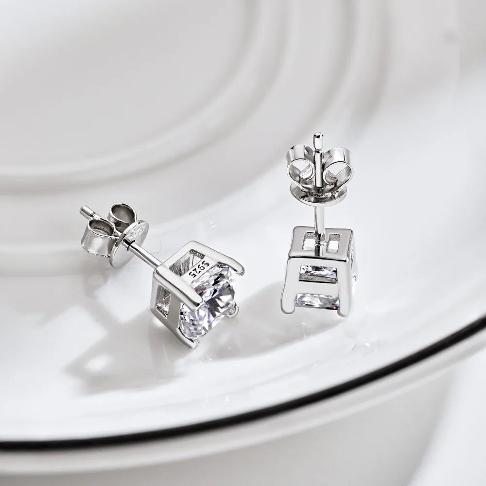Silver Zircon Princess Cut Squared Ear Studs