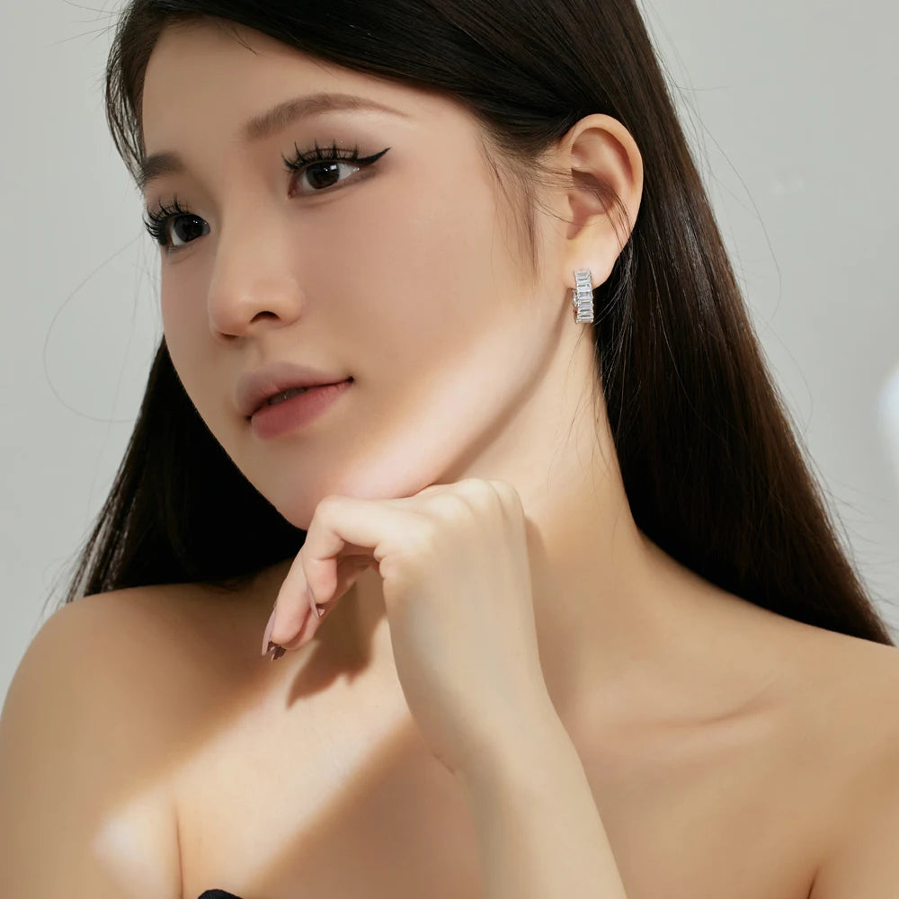 Silver Zircon Emerald Cut Hook Inlaid Ear Hoops