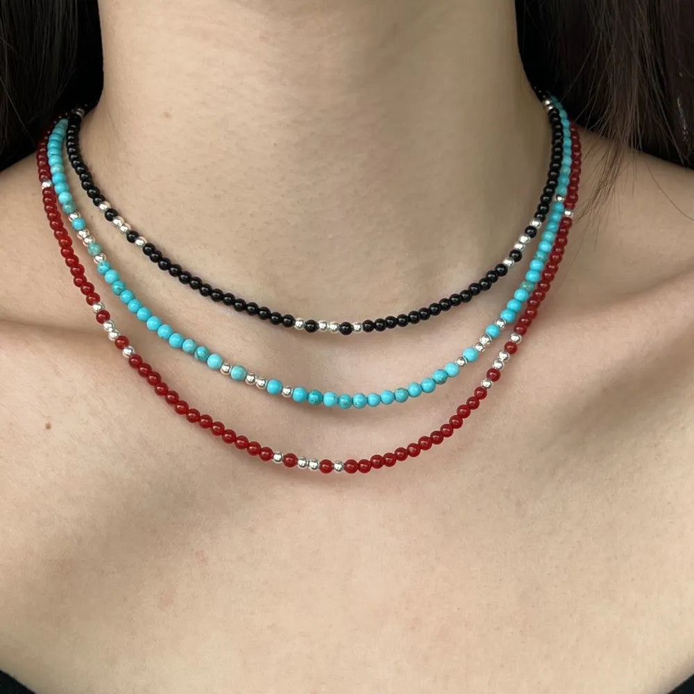 Silver Onyx Round Cut Classic Beaded Necklace