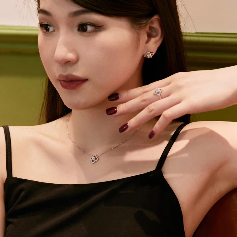 Silver Zircon Princess Cut Hollow Clover Pendant Necklace