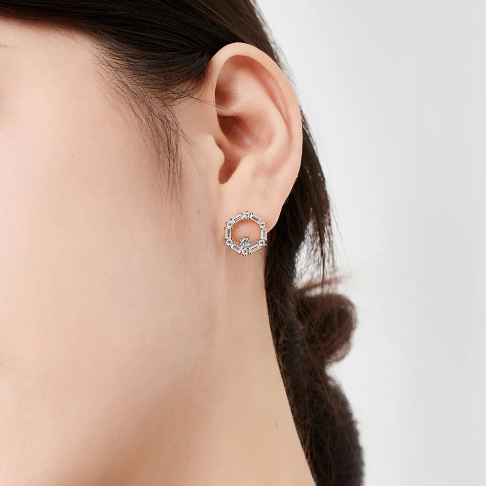 Silver Zircon Baguette Cut Multi Shape Hollow Disc Ear Studs