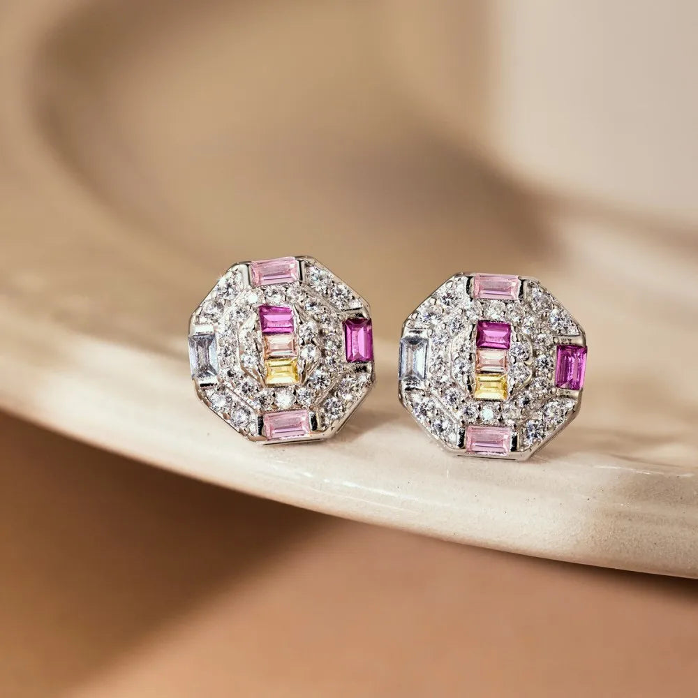 Silver Zircon Baguette Cut Multi Shape Ear Studs