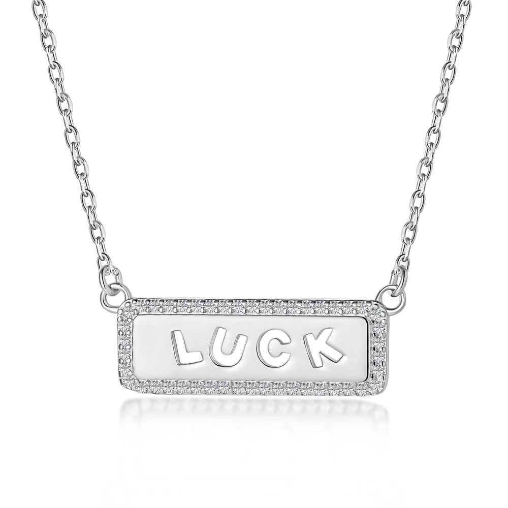 Silver Zircon Round Cut Luck Bar Necklace