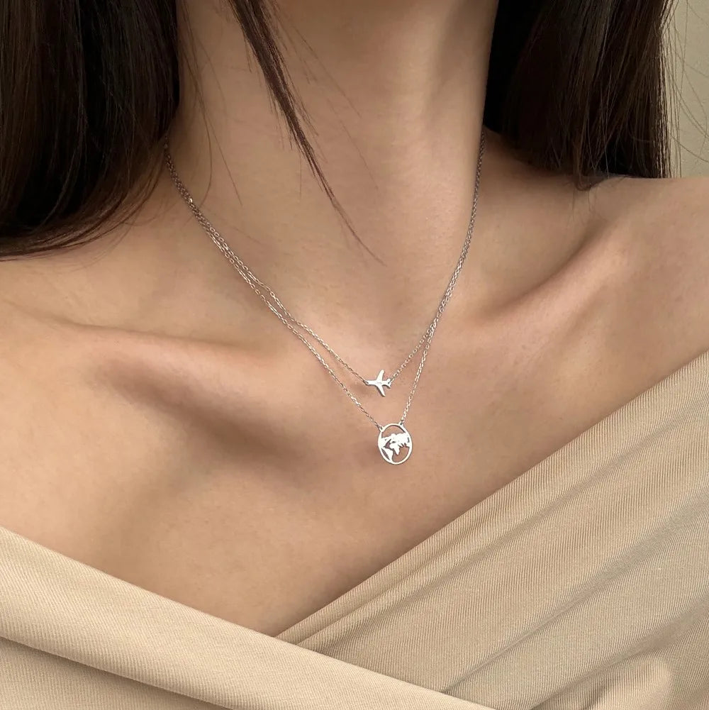 Silver Double Layer Globe Pendant Necklace