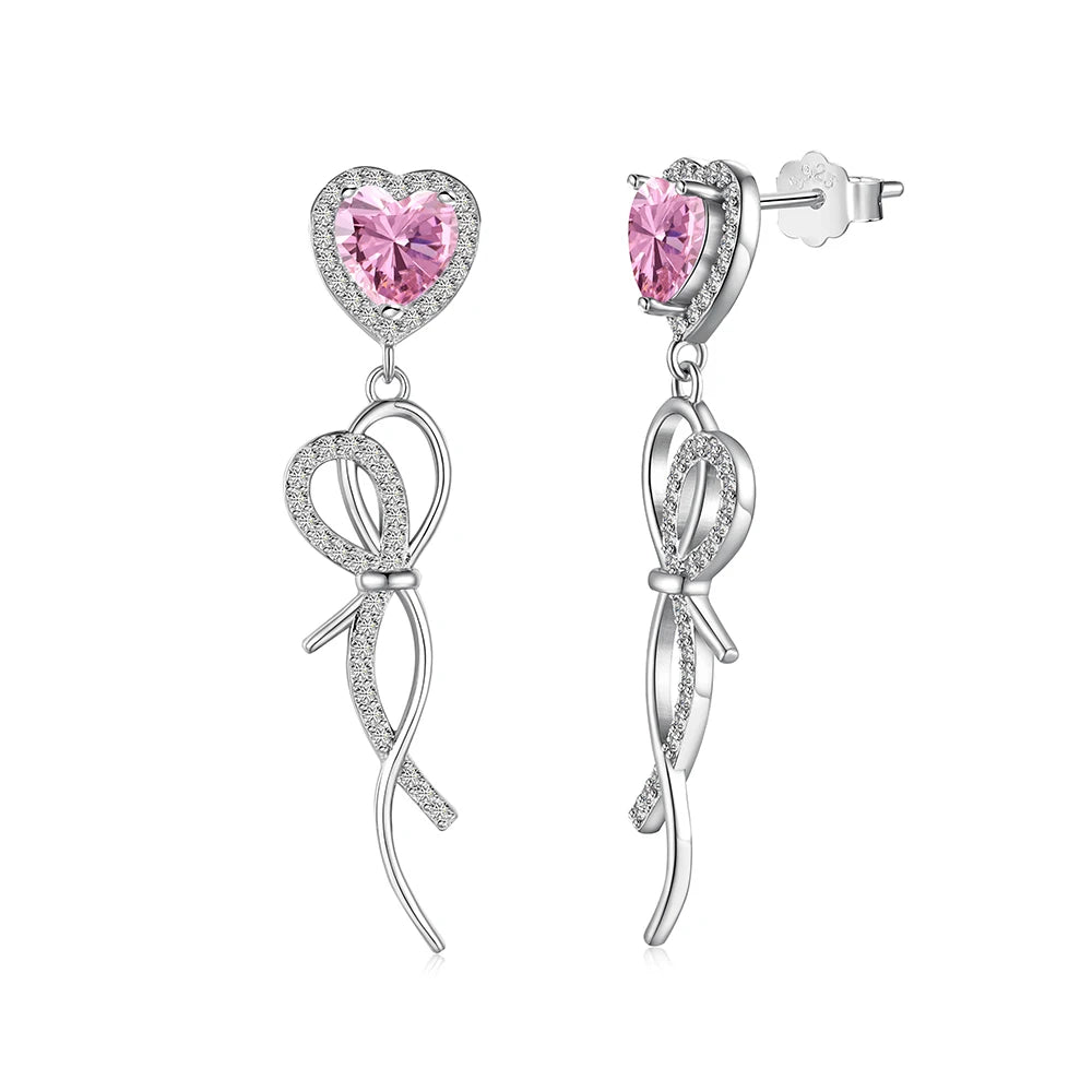 Silver Zircon Heart Cut Dangle Tassel Drop Earrings