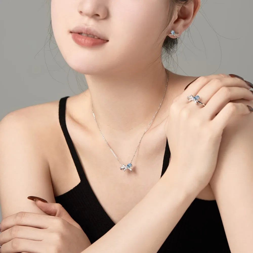 Silver Zircon Pear Cut Bow Knot Pendant Necklace