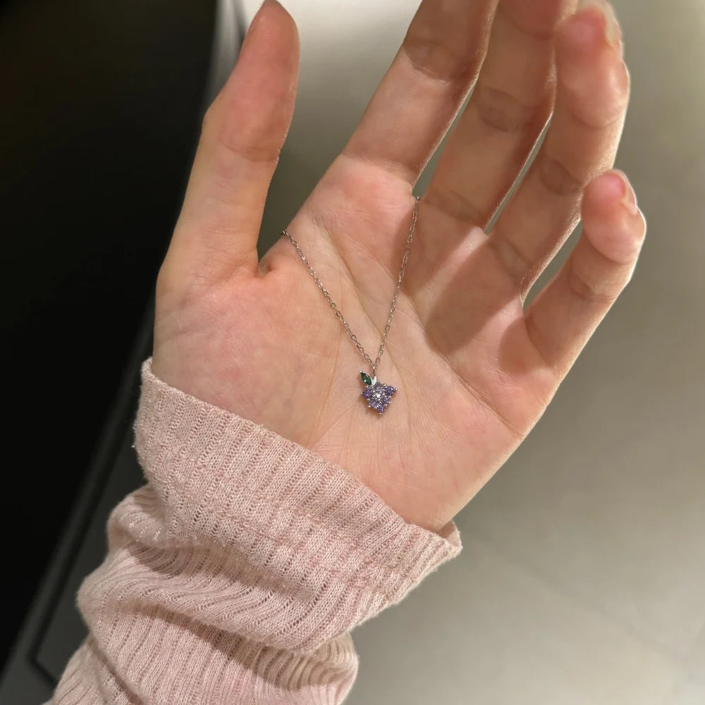 Silver Zircon Round Cut Grape Pendant Necklace