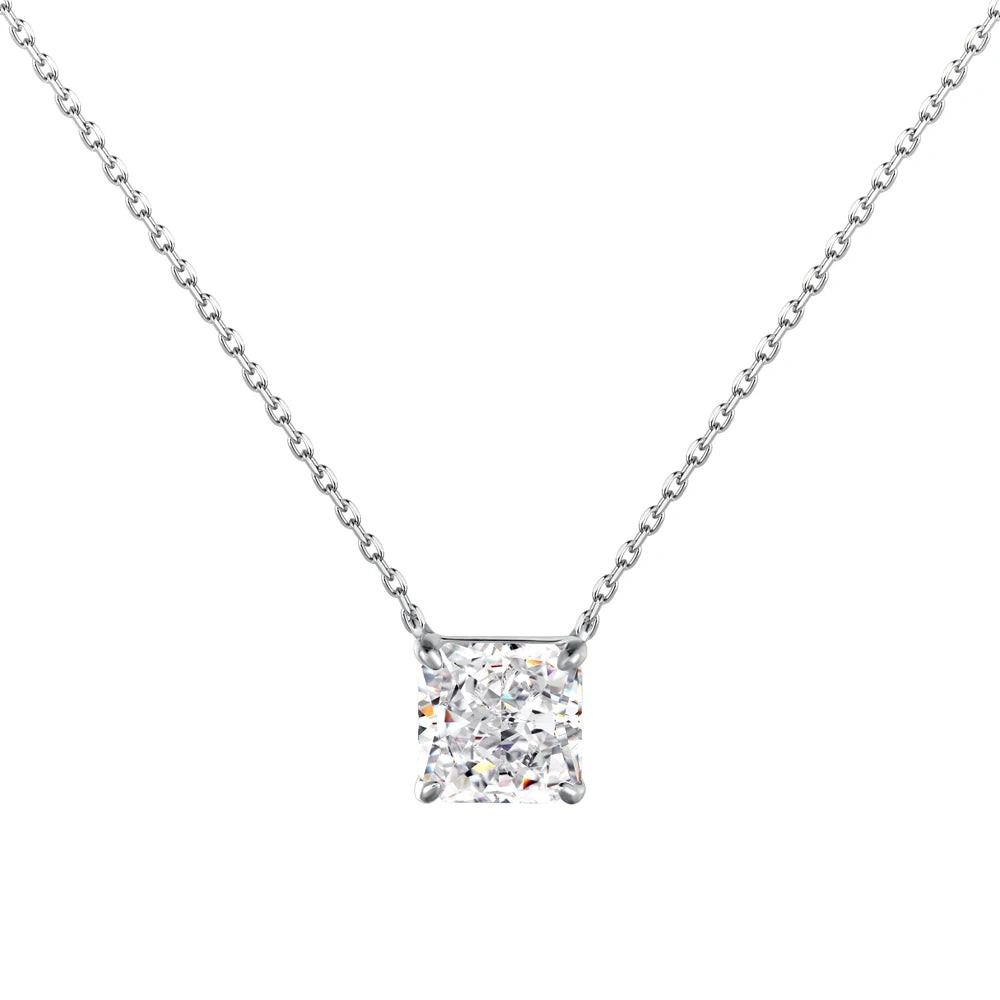 Silver Zircon Princess Cut Solitaire Pendant Necklace