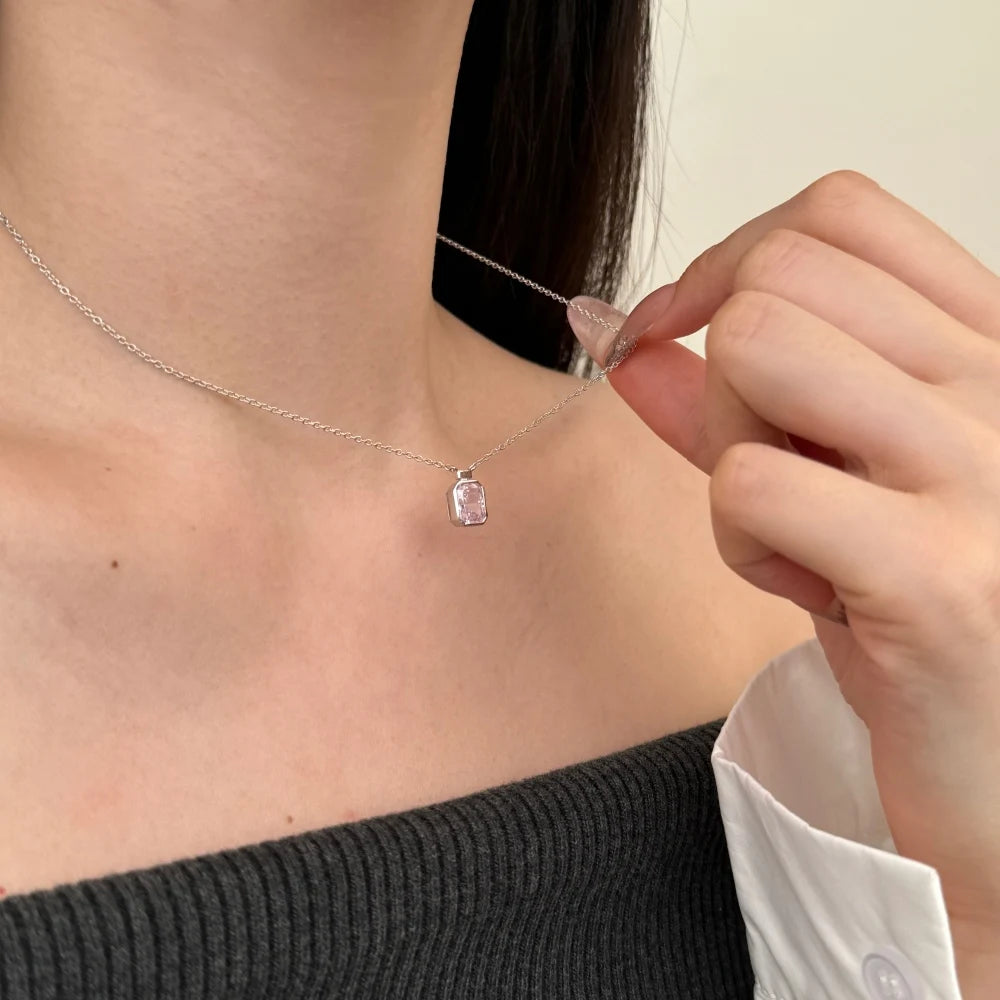 Silver Zircon Radiant Cut Framed Pendant Necklace