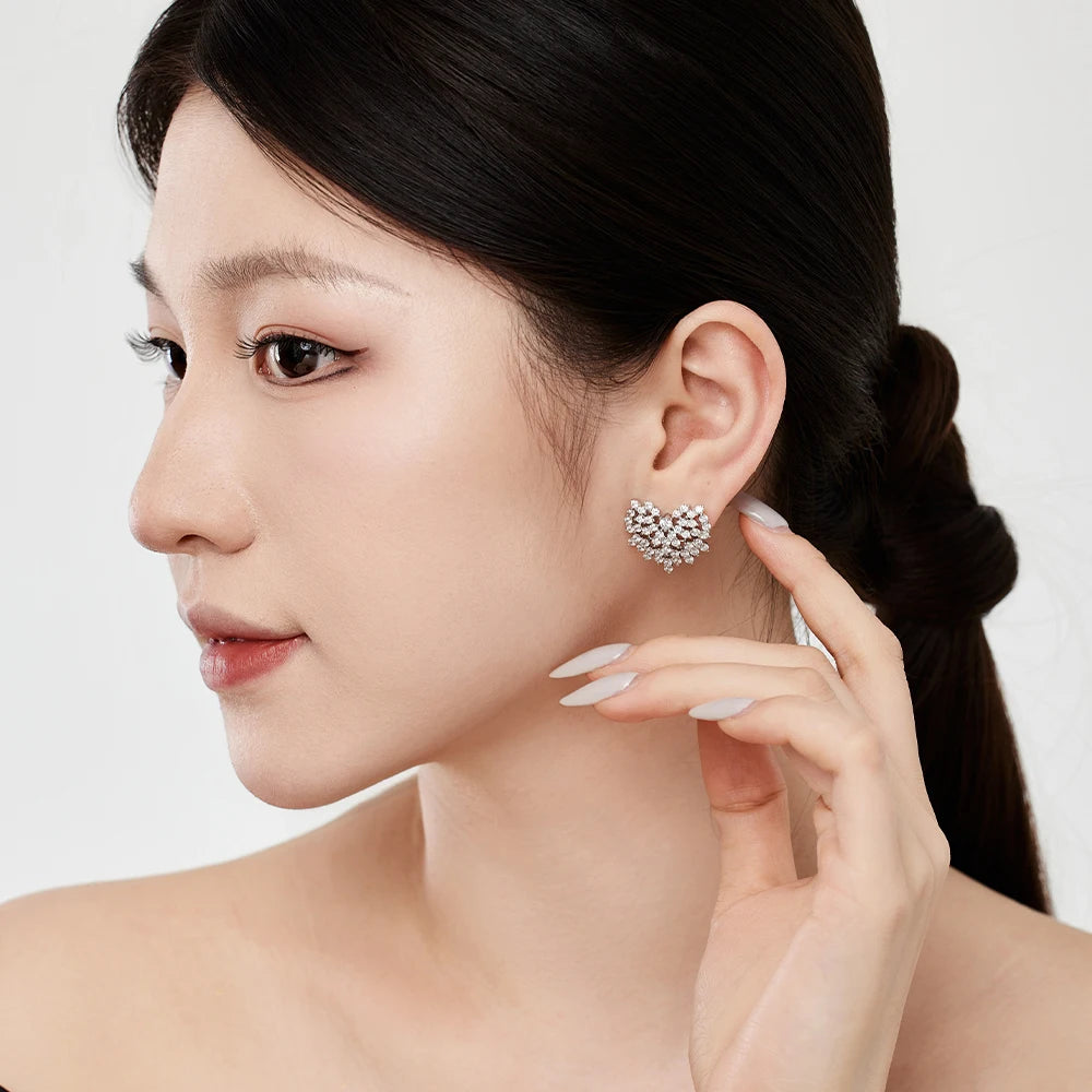 Silver Zircon Round Cut Spiked Heart Ear Studs