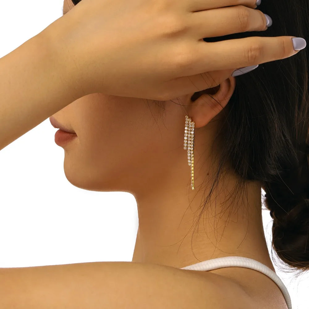 Silver Zircon Round Cut Cubic Tassel Drop Earrings