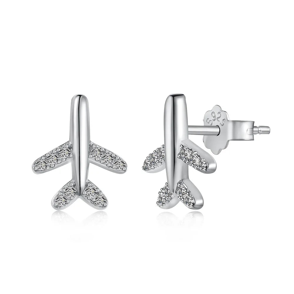 Silver Zircon Round Cut Inlaid Plane Ear Studs