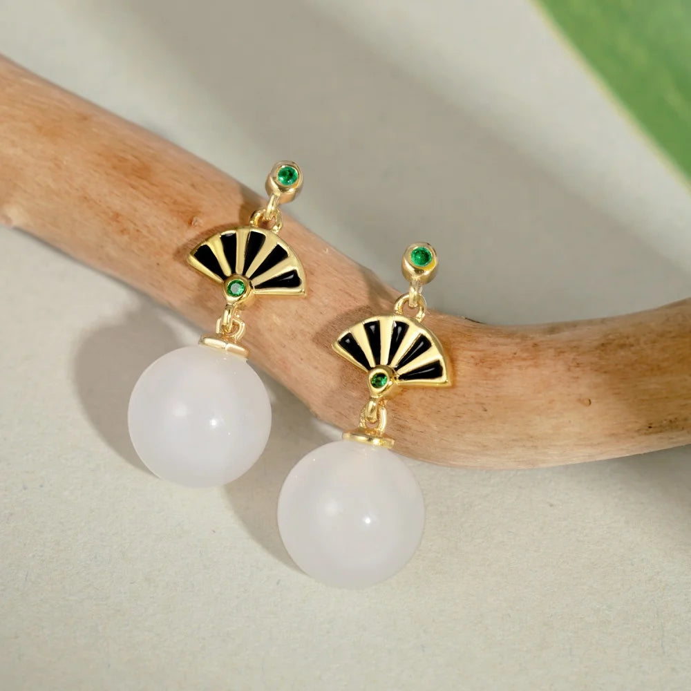 Silver Jade Folding Fan Drop Earrings