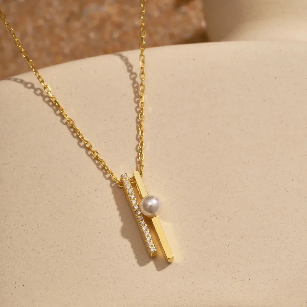 Silver Pearl Double Layer Bar Pendant Necklace