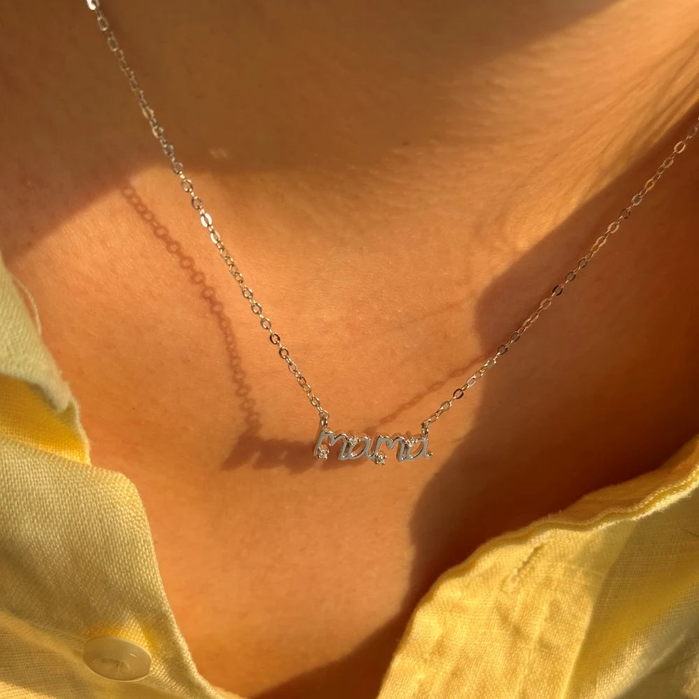 Silver Zircon Round Cut Mama Bar Necklace