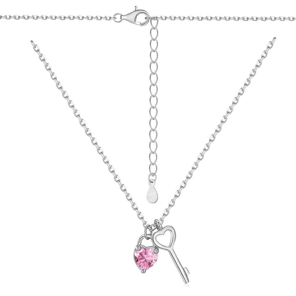 Silver Zircon Heart Cut Love Key Pendant Necklace