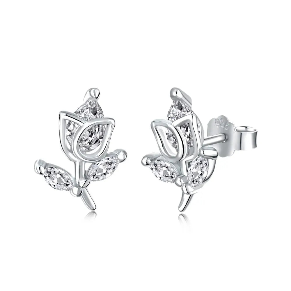 Silver Zircon Pear Cut Flower Ear Studs