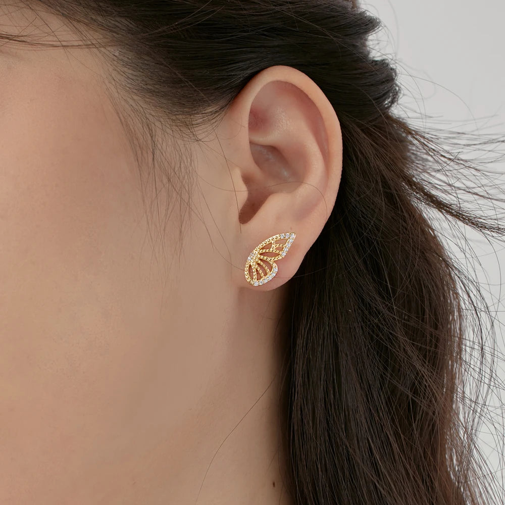 Silver Zircon Round Cut Butterfly Wings Ear Studs