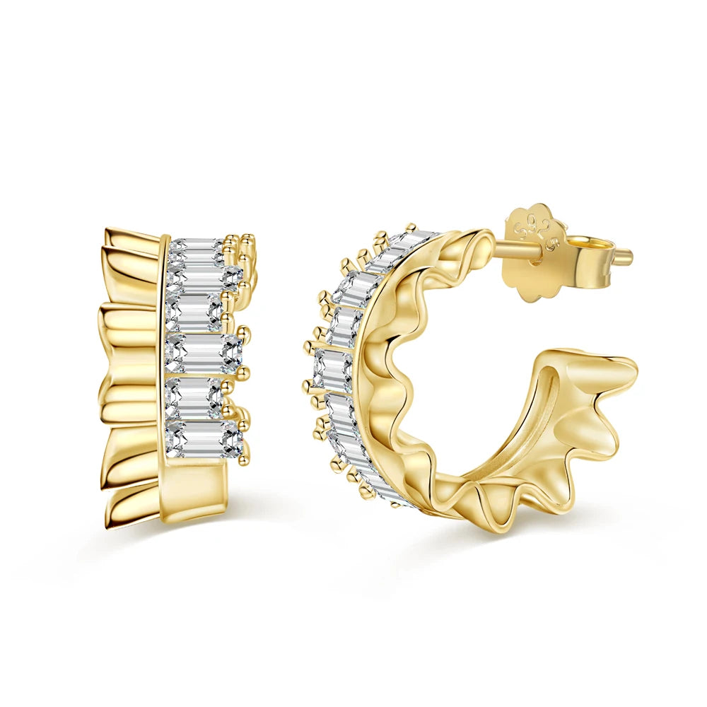 Silver Zircon Emerald Cut Curved Sided Ear Hoops