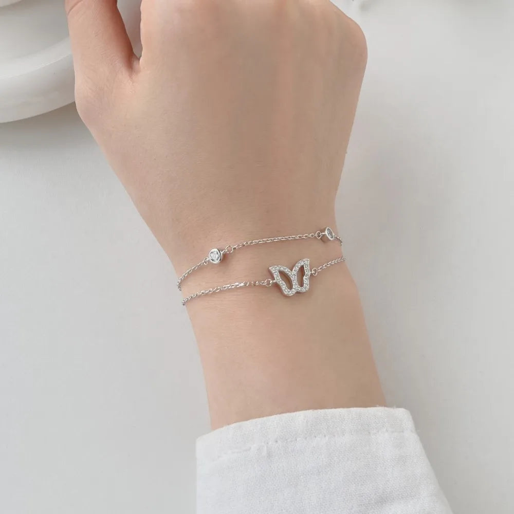 Silver Zircon Round Cut Iced Butterfly Chain Bracelet