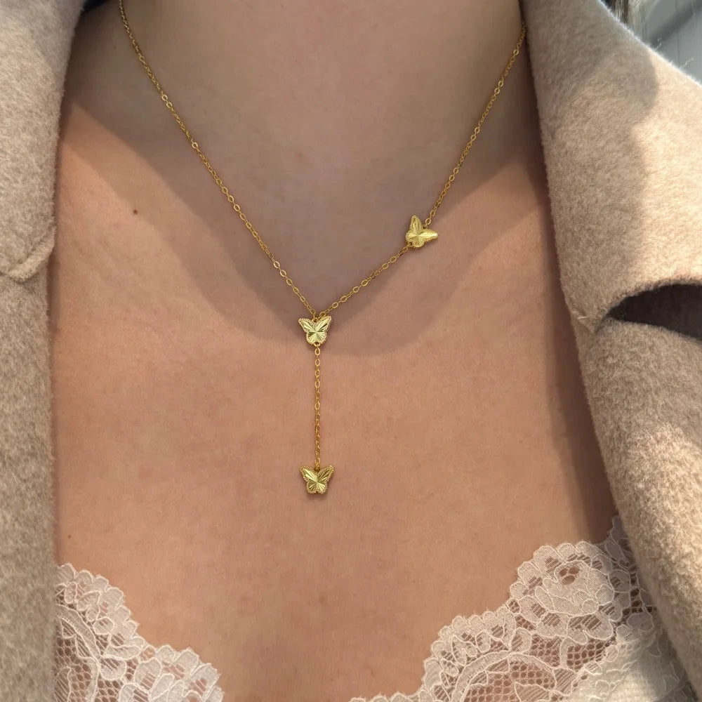 Silver Brushed Stacked Butterfly Chain Necklace