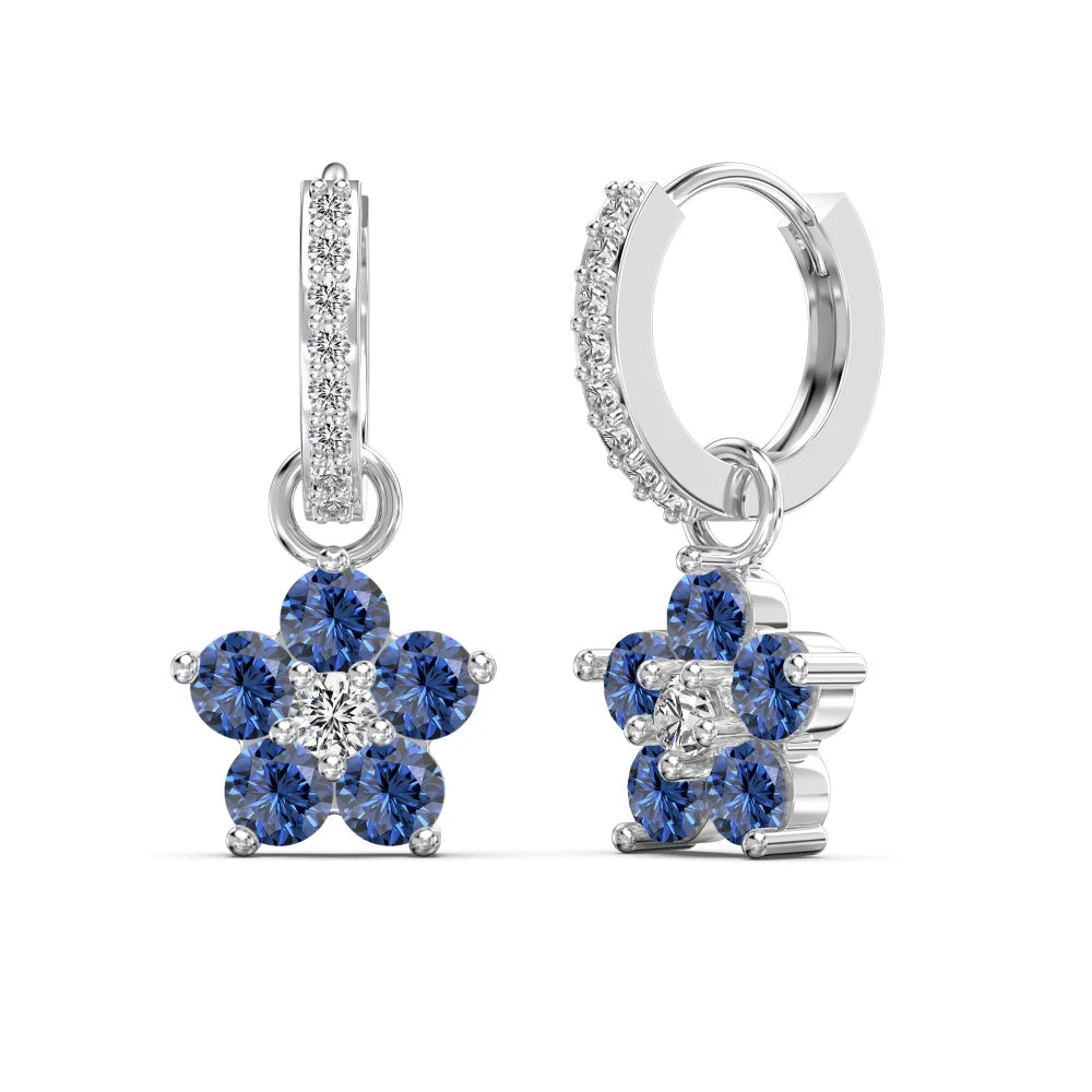 Silver Zircon Round Cut Drop Flower Ear Hoops