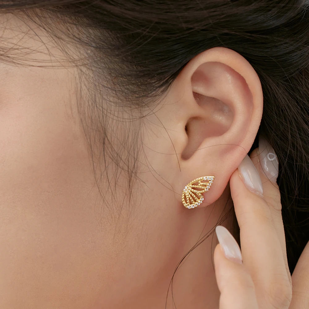 Silver Zircon Round Cut Butterfly Wings Ear Studs