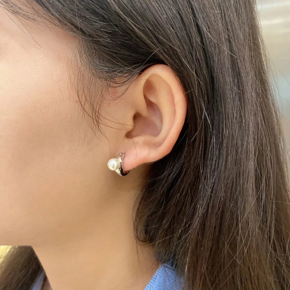 Silver Pearl Chunky Huggie Earrings