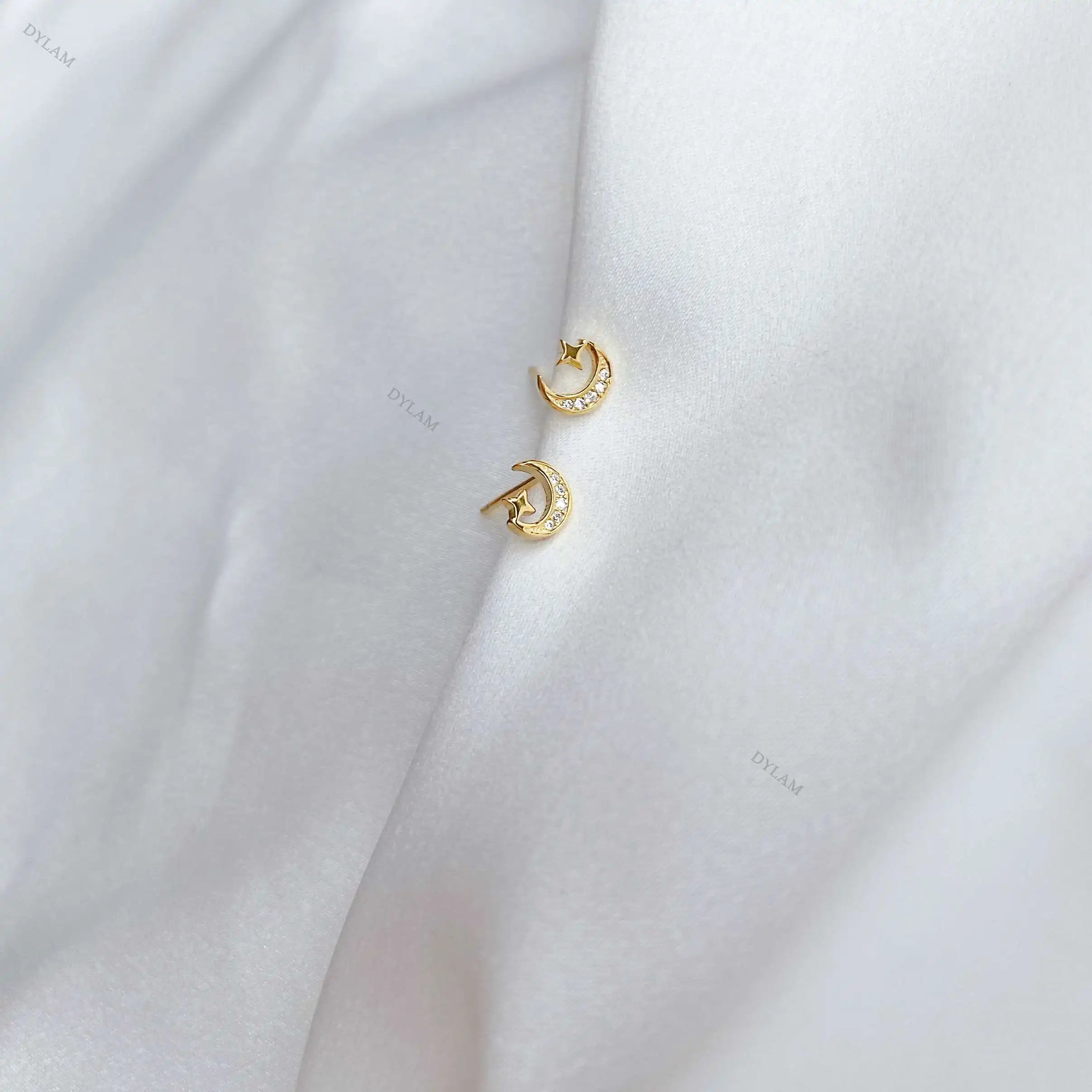 Silver Zircon Round Cut Crescent Ear Studs