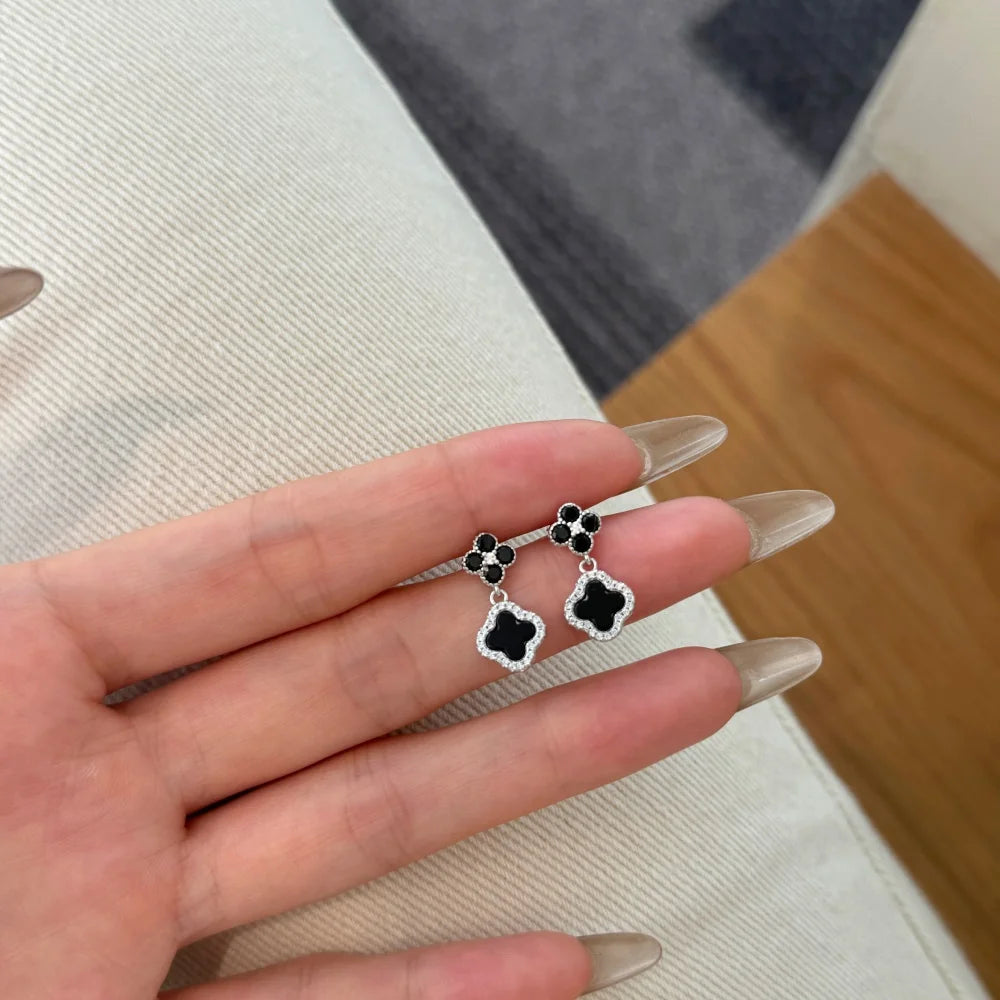 Silver Onyx Clover Cut Clover Drop Earrings