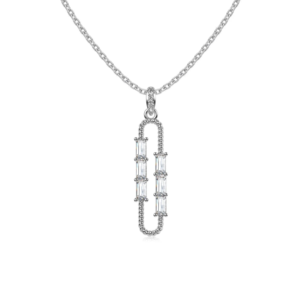 Silver Zircon Baguette Cut Paper Clip Bar Necklace