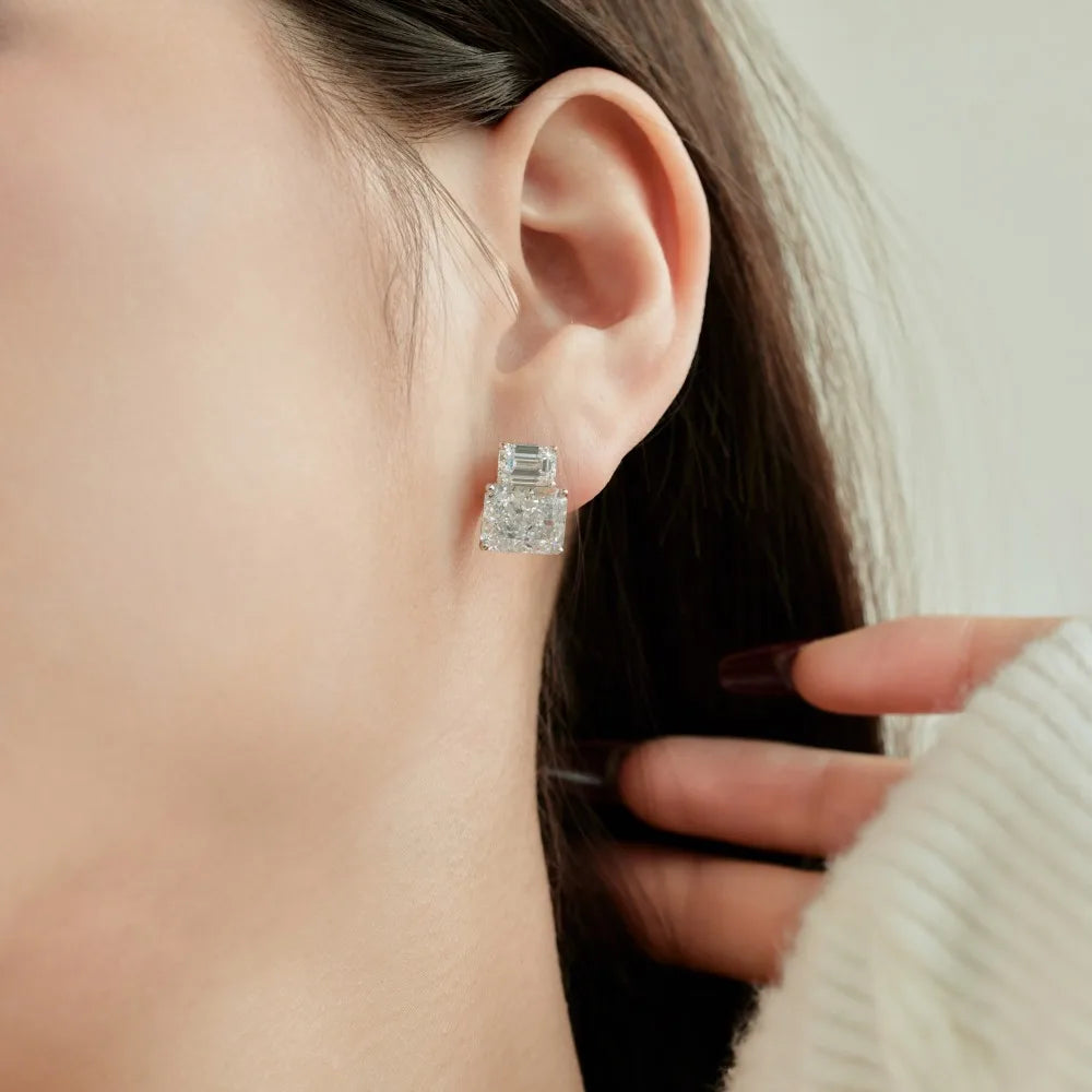 Silver Zircon Radiant Cut Stacked Ear Studs