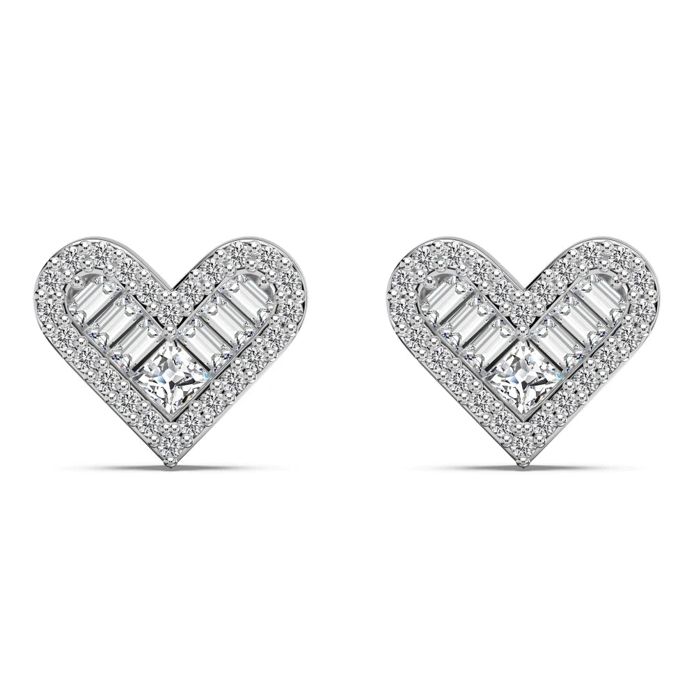 Silver Zircon Princess Cut Inlaid Heart Ear Studs