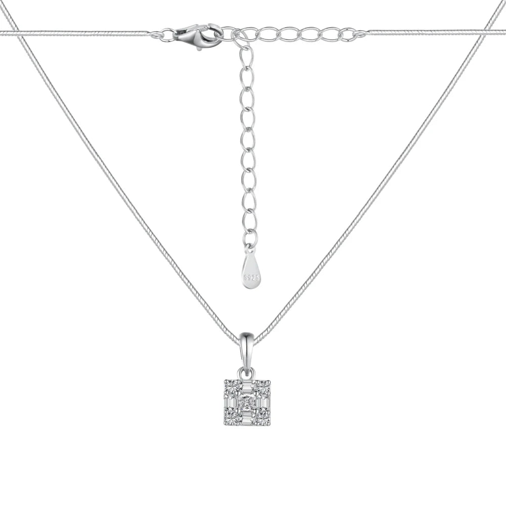 Silver Zircon Princess Cut Cube Pendant Necklace