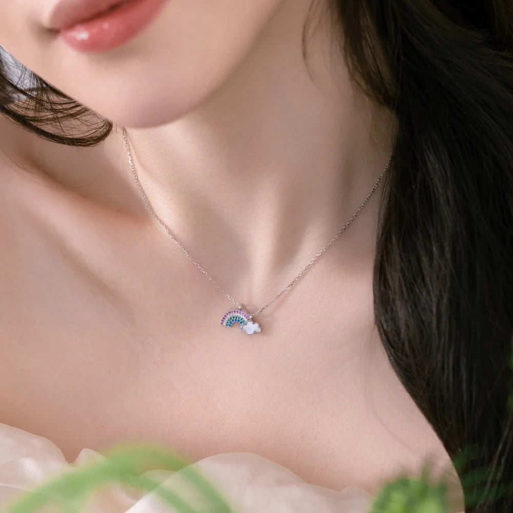 Silver Zircon Round Cut Inlaid Rainbow Pendant Necklace