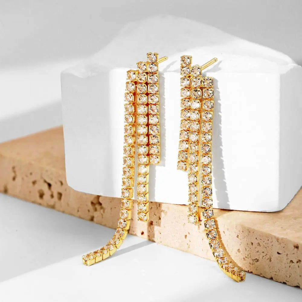 Silver Zircon Round Cut Cubic Tassel Drop Earrings