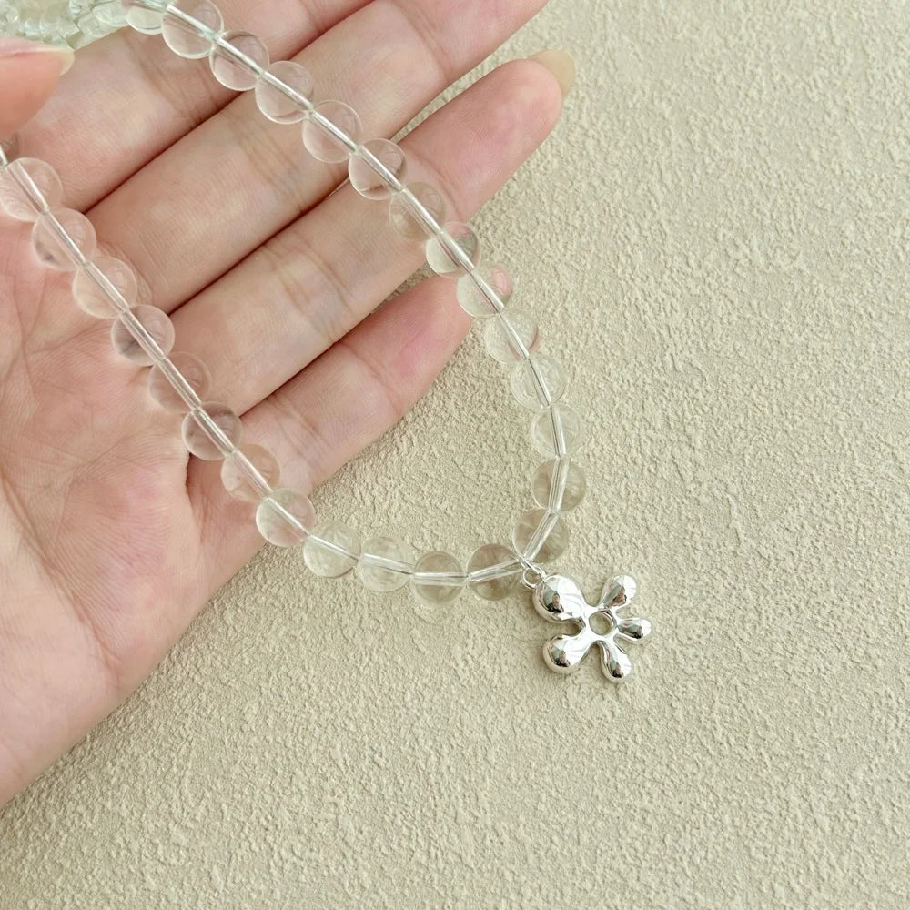 Silver Crystal Round Cut Flower Beaded Necklace