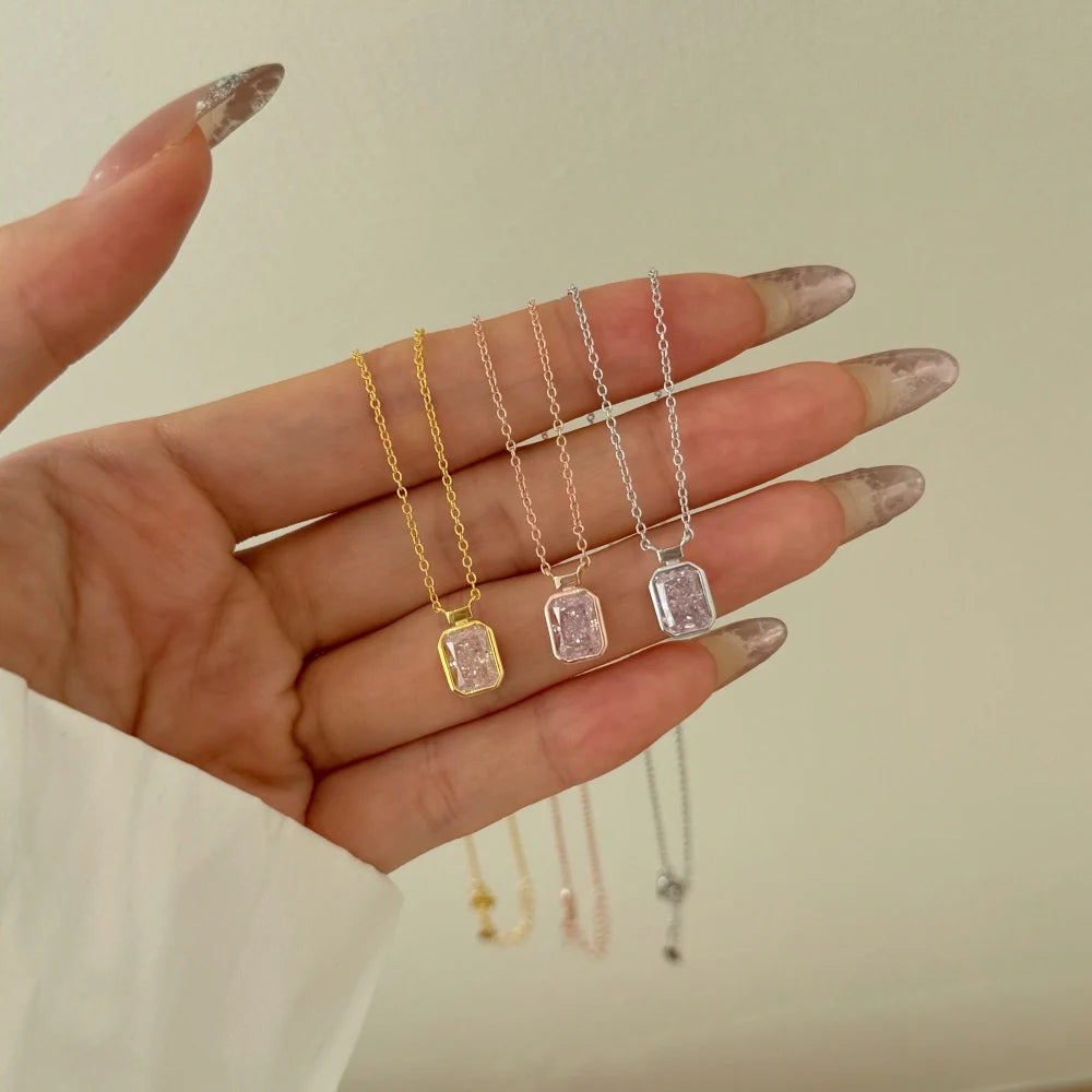 Silver Zircon Radiant Cut Framed Pendant Necklace