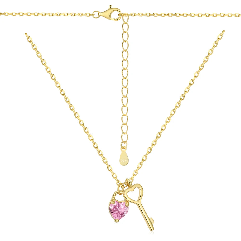 Silver Zircon Heart Cut Love Key Pendant Necklace