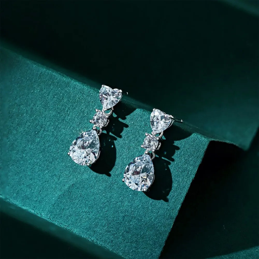 Silver Zircon Pear Cut Heart Drop Earrings