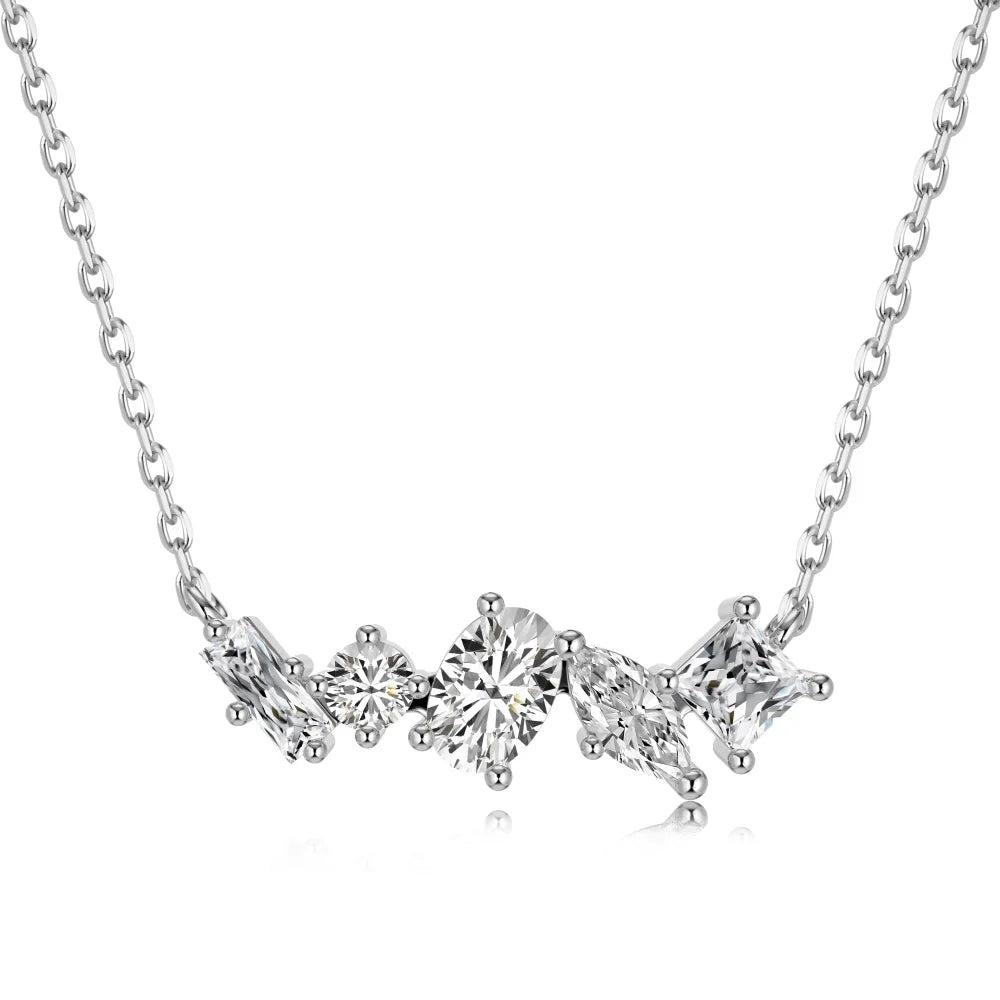 Silver Zircon Oval Cut Multi Shape Bar Necklace