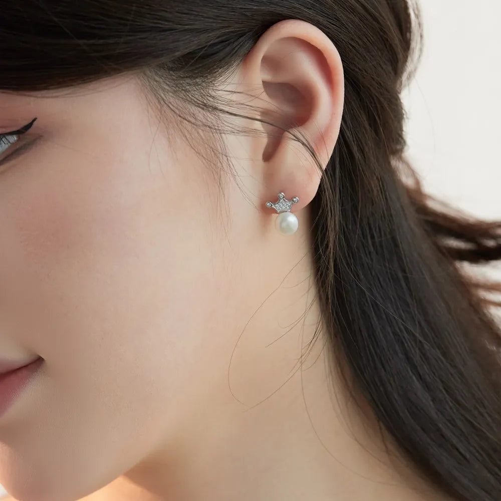 Silver Pearl Crown Ear Studs