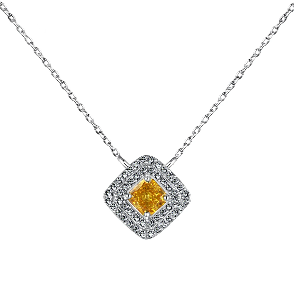 Silver Zircon Princess Cut Pillow Pendant Necklace