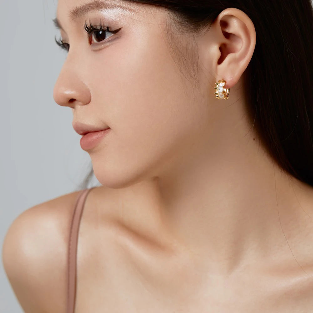 Silver Zircon Emerald Cut Curved Sided Ear Hoops