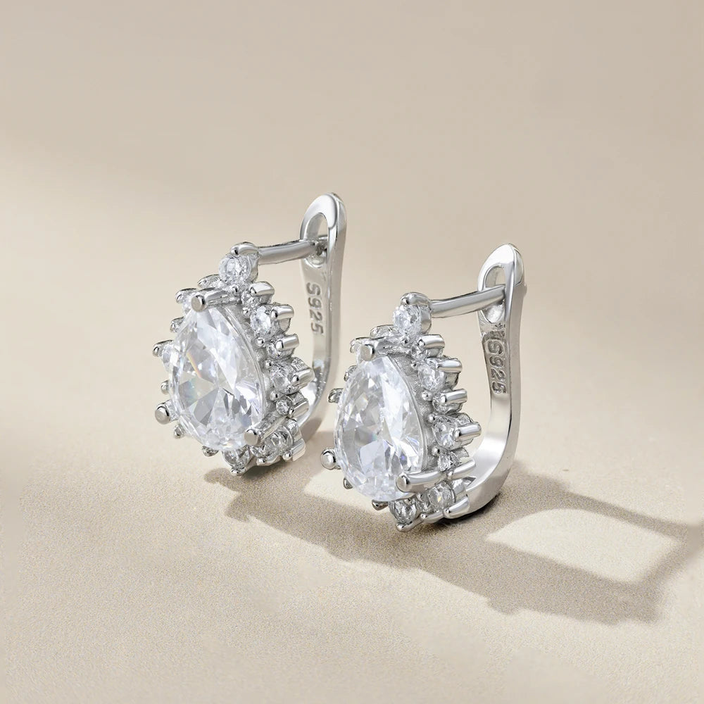 Silver Zircon Pear Cut Halo Water Drop Huggie Earrings
