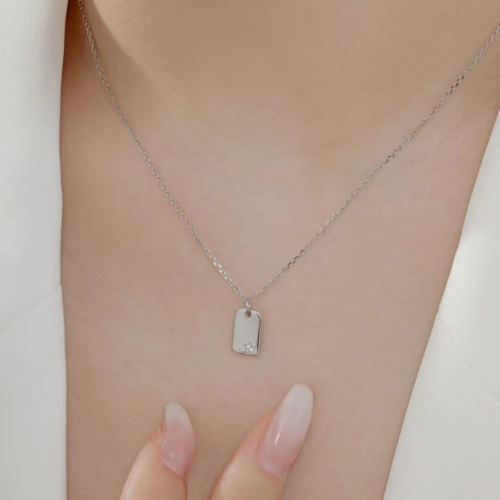 Silver Zircon Round Cut Tag Pendant Necklace