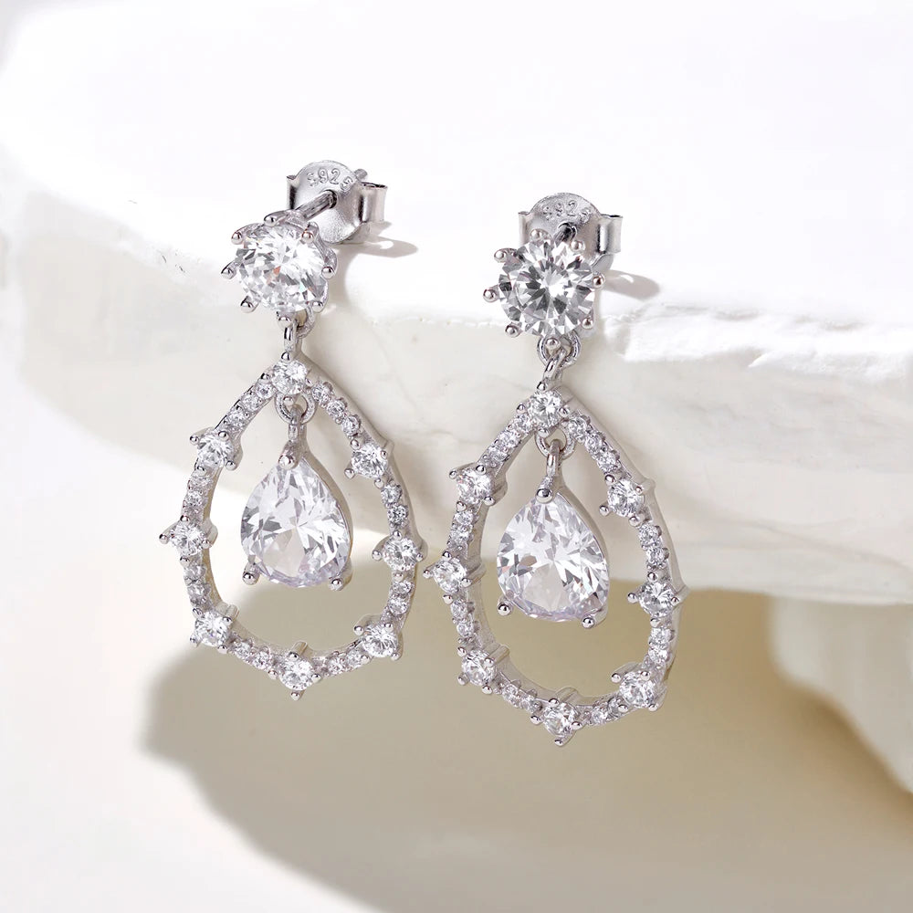 Silver Zircon Pear Cut Halo Tear Drop Earrings